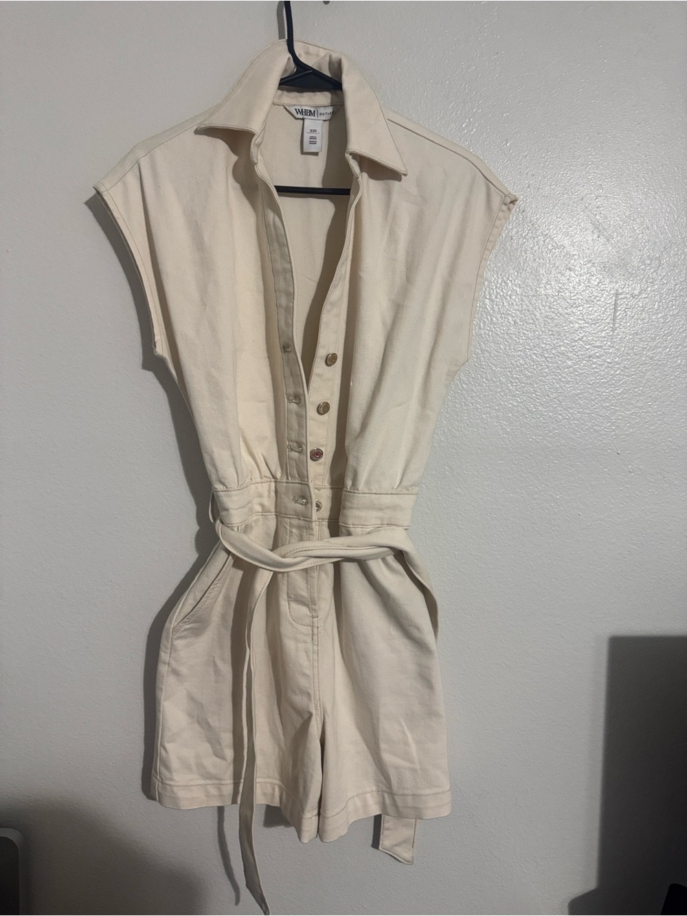 White House Black Market Cream Sleeveless Utility Romper with Tie Waist